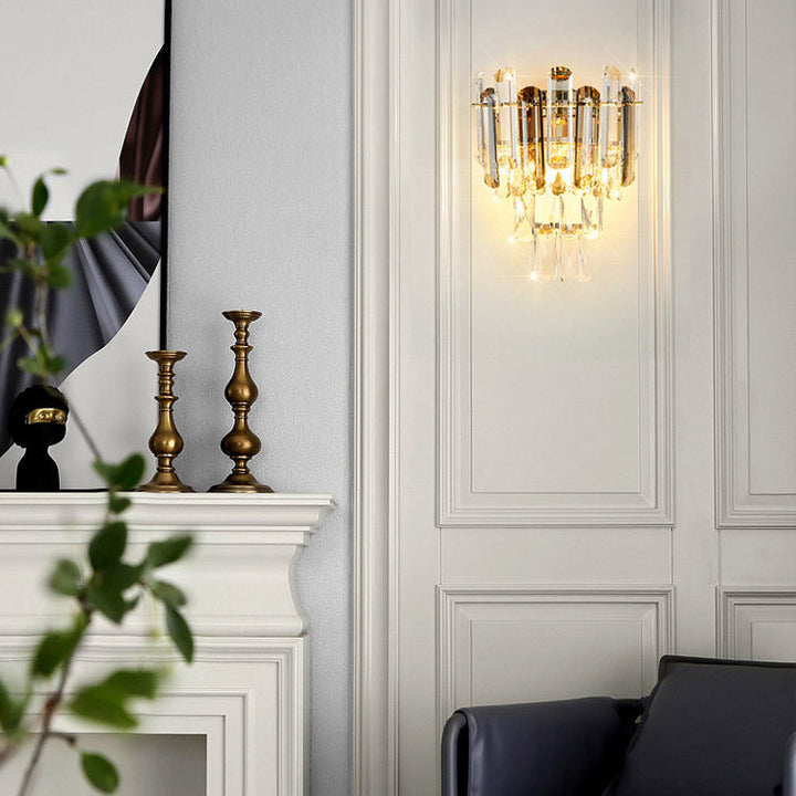 Moderne Luxus Brilliant Crystal Stack Eisen 2-Licht Wandleuchte Lampe für Wohnzimmer 