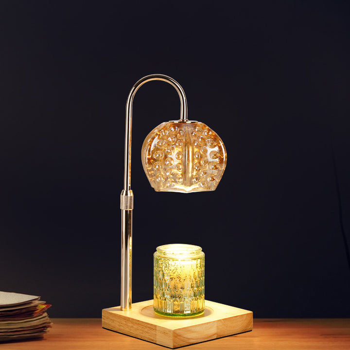 Lámpara de mesa de cera derretida de 1 luz regulable con base cuadrada y bola redonda de madera, hierro y vidrio de simplicidad moderna para mesita de noche 
