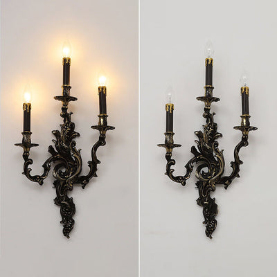 Traditional French Black Copper Candlestick 3-Light Wall Sconce Lamp For Living Room