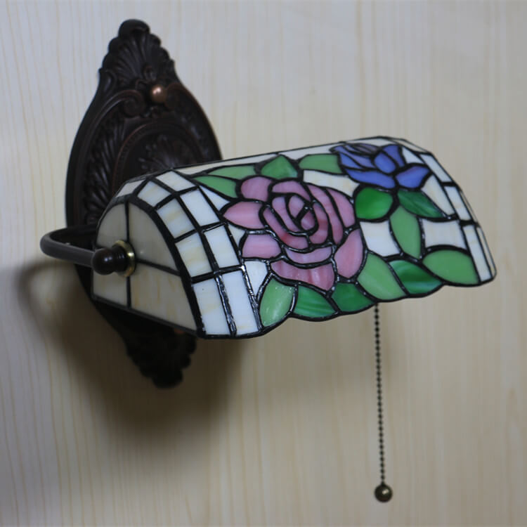 Traditional Vintage Tiffany Floral Stained Glass 1-Light Zipper Wall Sconce Lamp For Living Room