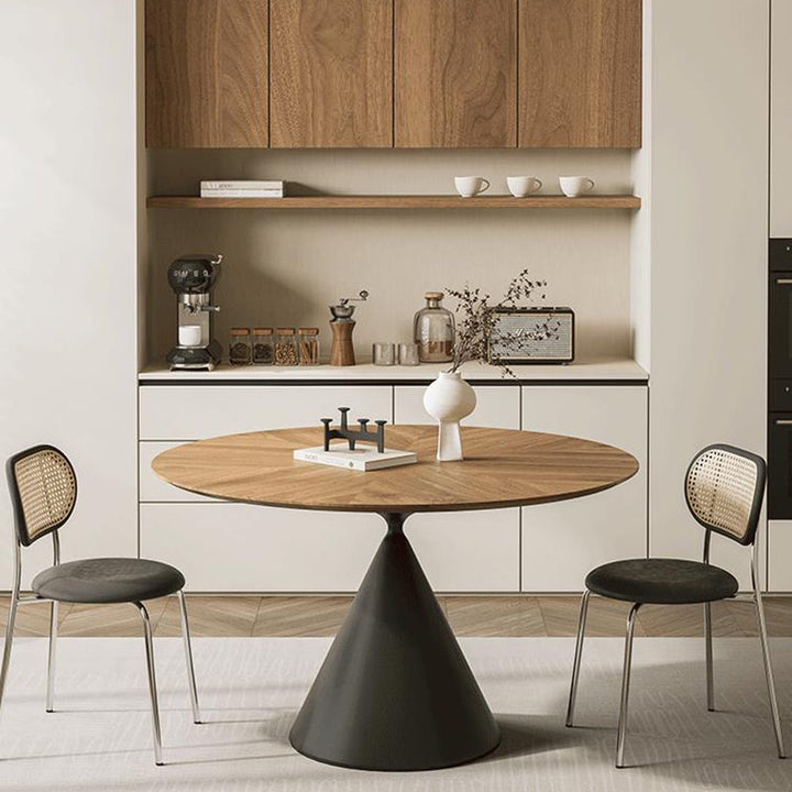 Mesa de comedor contemporánea retro redonda cónica de nogal y acero al carbono para 2 asientos 