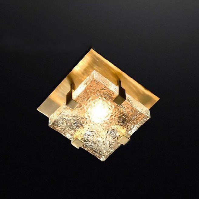 Modern Light Luxury Copper Cube Water Pattern Glass LED Semi-Flush Mount Ceiling Light