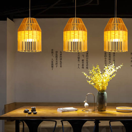 Moderne minimalistische Pendelleuchte aus Eichenholz im Vogelkäfig-Design, 1-flammig, für Wohnzimmer &amp; Schlafzimmer 