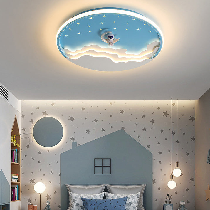 Lustre Plafonnier LED Rond Nuage Astronaute en Fer Créatif Contemporain pour Chambre d&