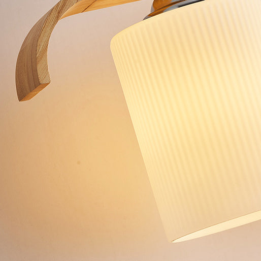 Zeitgenössischer skandinavischer langer Zylinder aus Glas und Holz mit 4 Lichtern, Inselleuchter für Wohnzimmer 