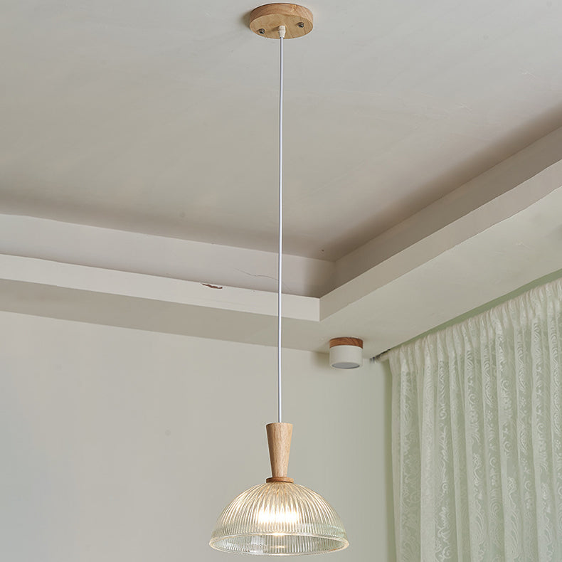 Suspension Luminaire Moderne Minimaliste Rond en Verre à Rayures en Dentelle avec Bois 1-Lumière pour Salon 