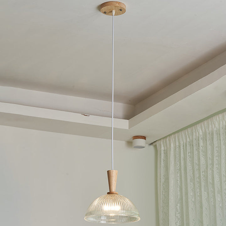 Suspension Luminaire Moderne Minimaliste Rond en Verre à Rayures en Dentelle avec Bois 1-Lumière pour Salon 