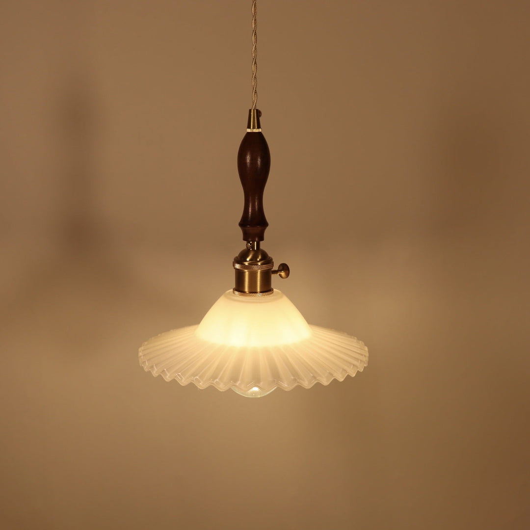 Abat-jour rond en verre plissé traditionnel japonais avec bois, suspension à 1 lumière pour salon 