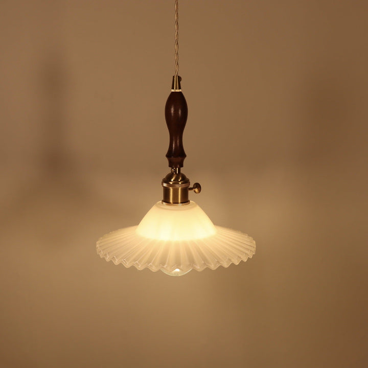 Abat-jour rond en verre plissé traditionnel japonais avec bois, suspension à 1 lumière pour salon 