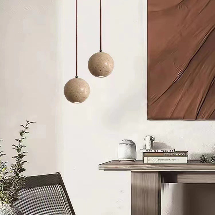 Lámpara colgante contemporánea escandinava de media esfera cilíndrica de piedra, madera maciza y vidrio de 1 luz para dormitorio 