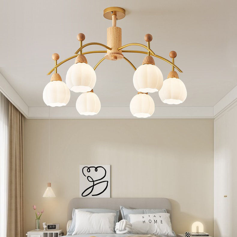 Traditioneller japanischer Eisenholzrahmen Rundglas-Schirm 6/8/10-Licht Kronleuchter für Wohnzimmer 