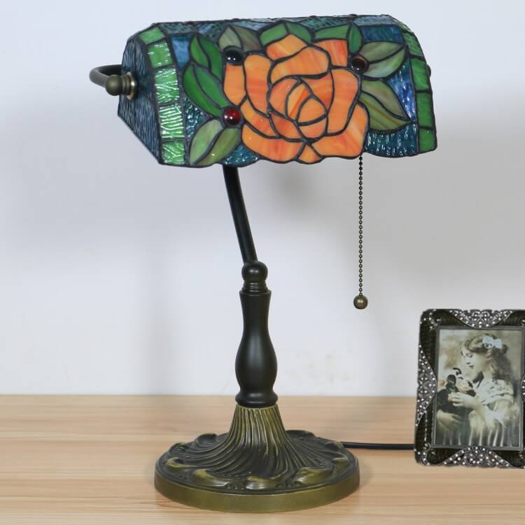Traditional Tiffany Blooming Flowers Stained Glass 1-Light Bank Table Lamp for Living Room