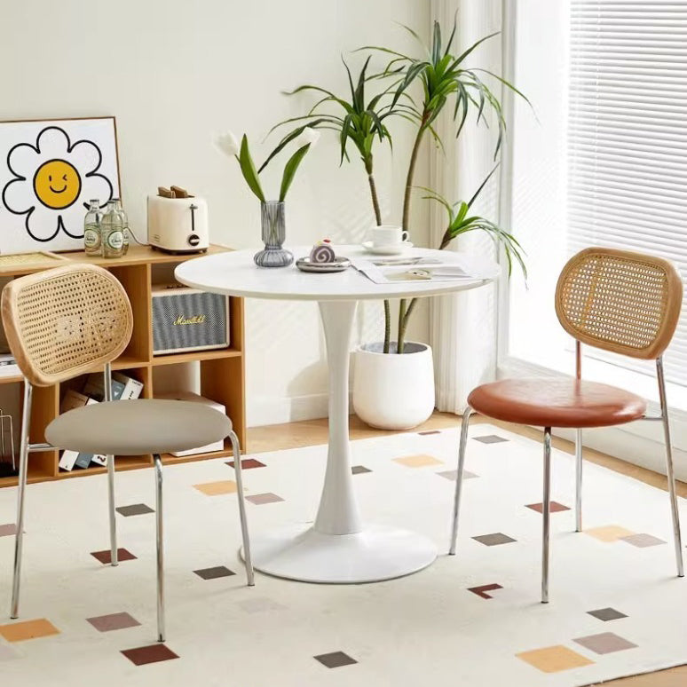Contemporary Vintage Round Rectangular Rubberwood Plywood Iron Faux Leather PE Rattan Dining Chair Backrest For Dining Room