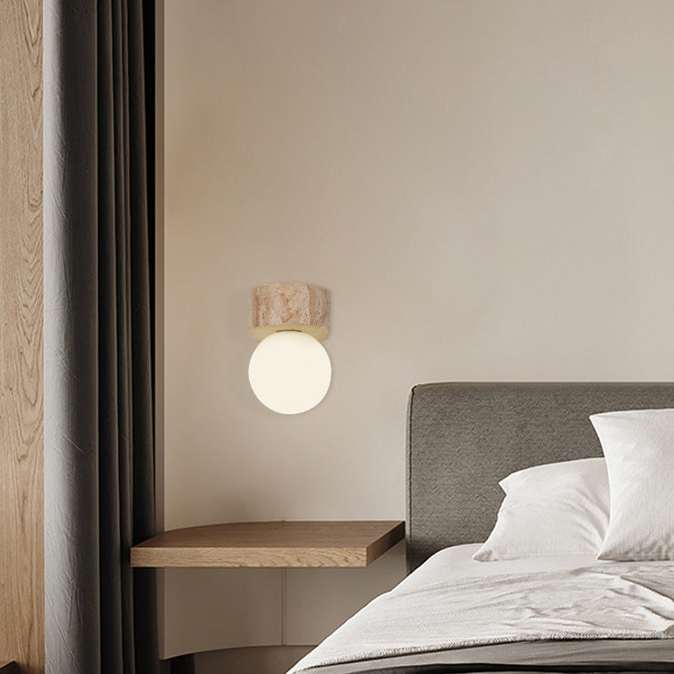 Aplique de pared con lámpara de globo de madera y piedra redonda japonesa tradicional de 1 luz para dormitorio 