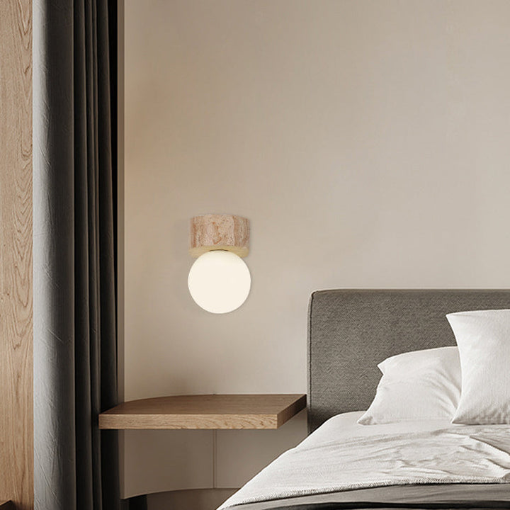 Aplique de pared con lámpara de globo de madera y piedra redonda japonesa tradicional de 1 luz para dormitorio 