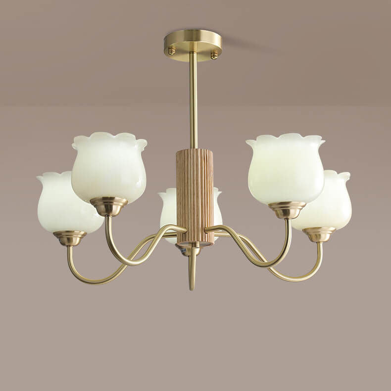 French Light Luxury Full Copper Wood Frame Bell Orchid Resin 5-Light Chandelier