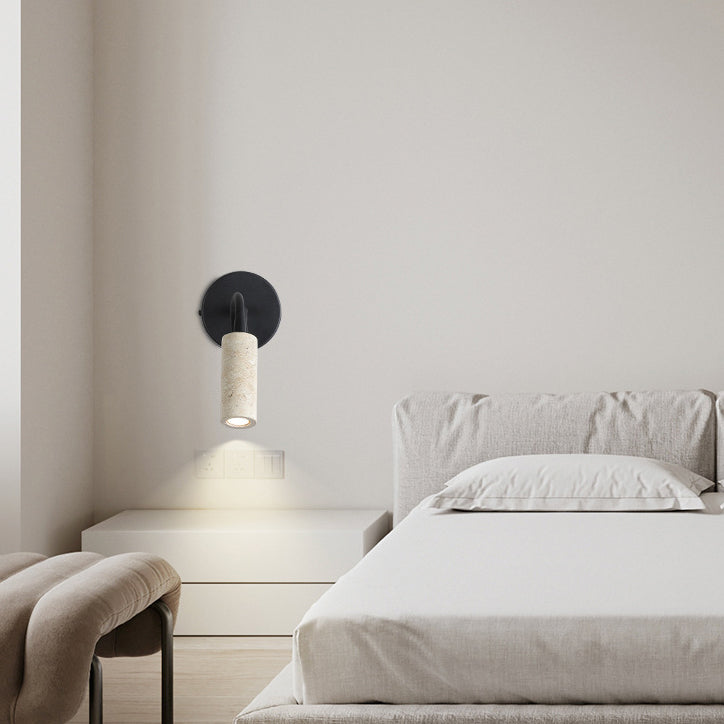 伝統的な日本のシリンダーストリップアイアントラバーチン1灯調整可能なベッドサイド用ウォールランプ 