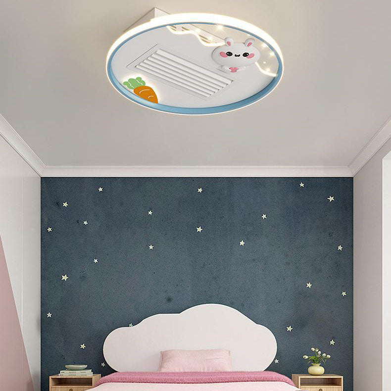 Contemporary Creative Acrylic Astronaut Moon LED Kids Flush Mount Ceiling Invisible Bladeless Fan Light For Bedroom