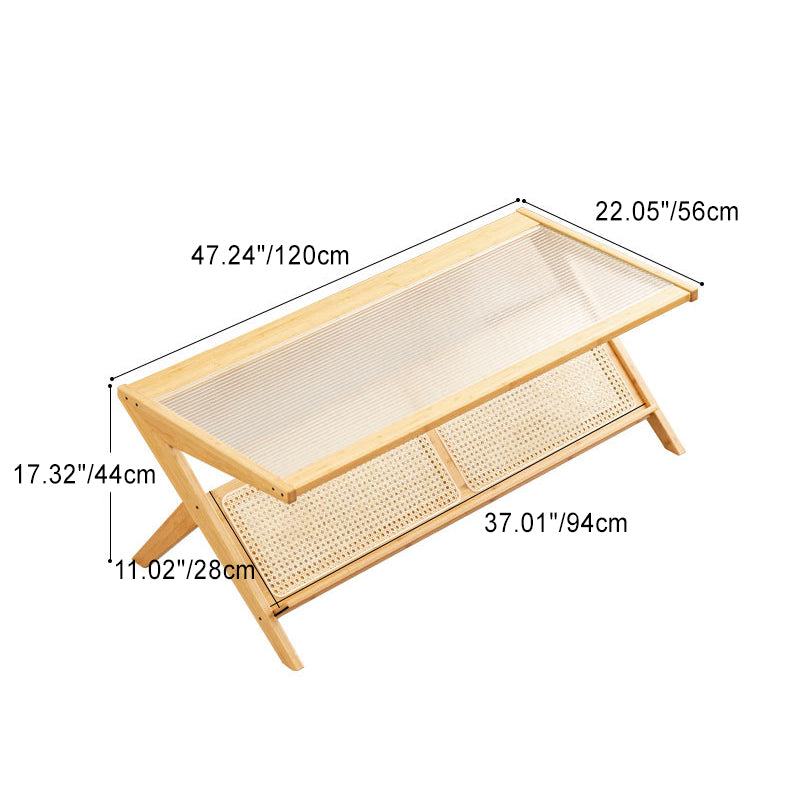 Traditional Japanese Rectangle Z-Shape Bamboo Glass Resin Rattan Weaving Coffee Table For Living Room