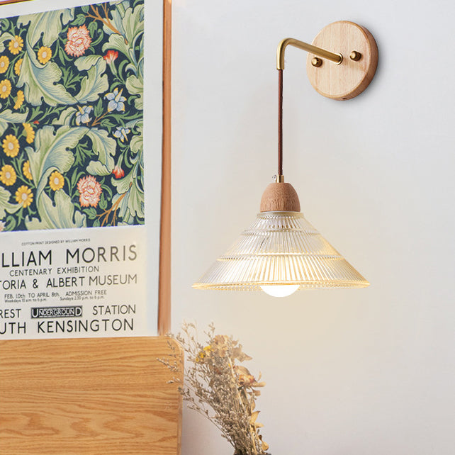 Zeitgenössische Retro Zylinder Blütenblatt Kegel Massivholz Glas 1-Licht Wandleuchte Lampe für Schlafzimmer 