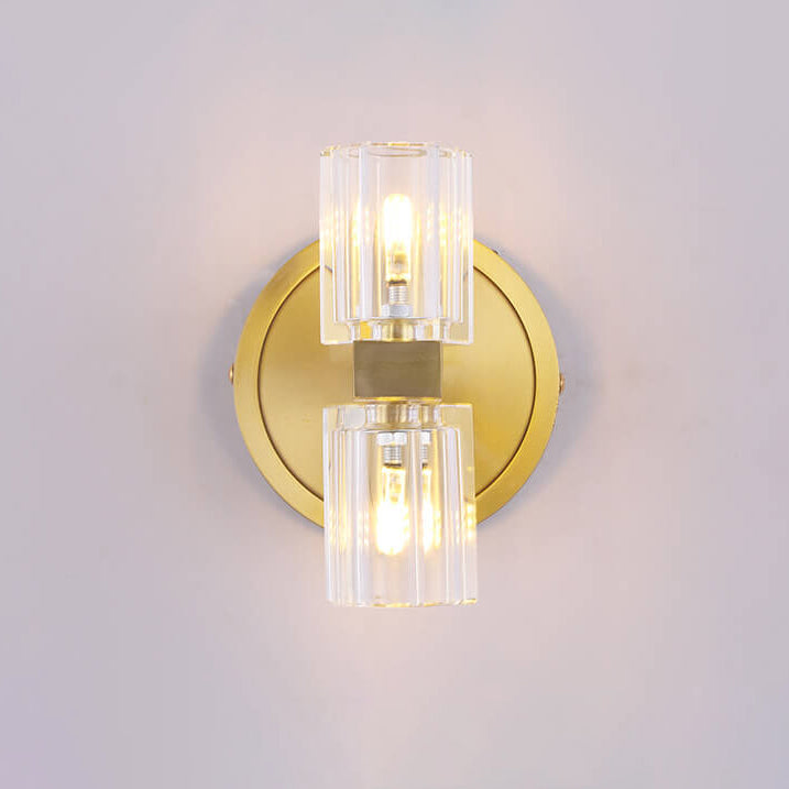Moderne minimalistische Kristall-Kupfer-Zylinder-Wandleuchte mit 2 Flammen für Wohnzimmer &amp; Schlafzimmer 