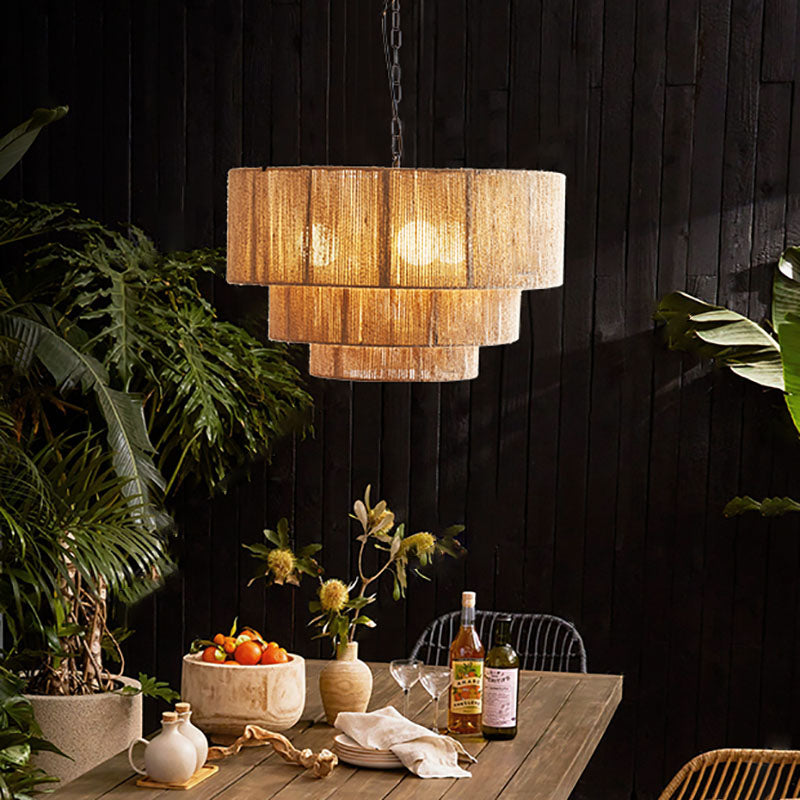 Zeitgenössische Boho Eisen Kordel Runde 3-Licht Pendelleuchte Für Esszimmer 