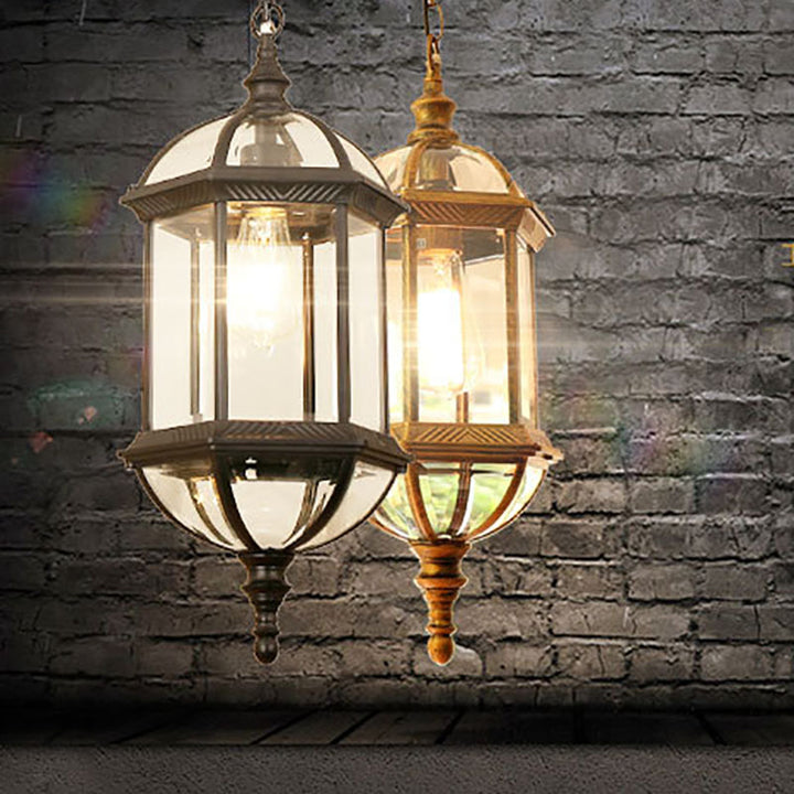 Zeitgenössische Retro sechseckige Laterne Glas Aluminium 1-Licht wasserdichte Pendelleuchte für Terrasse im Freien 