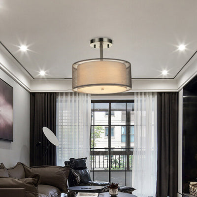 Modern Minimalist Round Iron Fabric 3-Light Semi-Flush Mount Ceiling Light For Living Room
