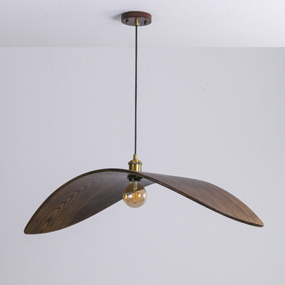 Traditionelle japanische Pendelleuchte mit 1 Licht und Walnussholzmaserung in Blattform für Esszimmer 