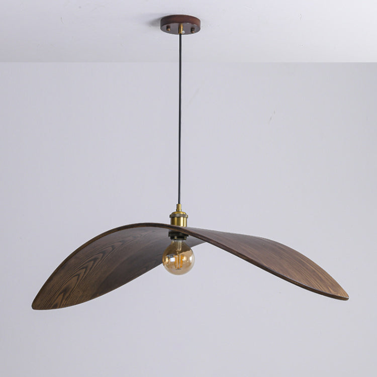 Traditionelle japanische Pendelleuchte mit 1 Licht und Walnussholzmaserung in Blattform für Esszimmer 