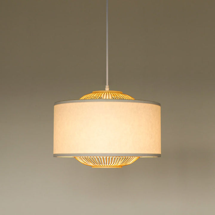 Contemporary Scandinavian Zen Bamboo Weaving Parchment Drum 1-Light Pendant Light for Living Room