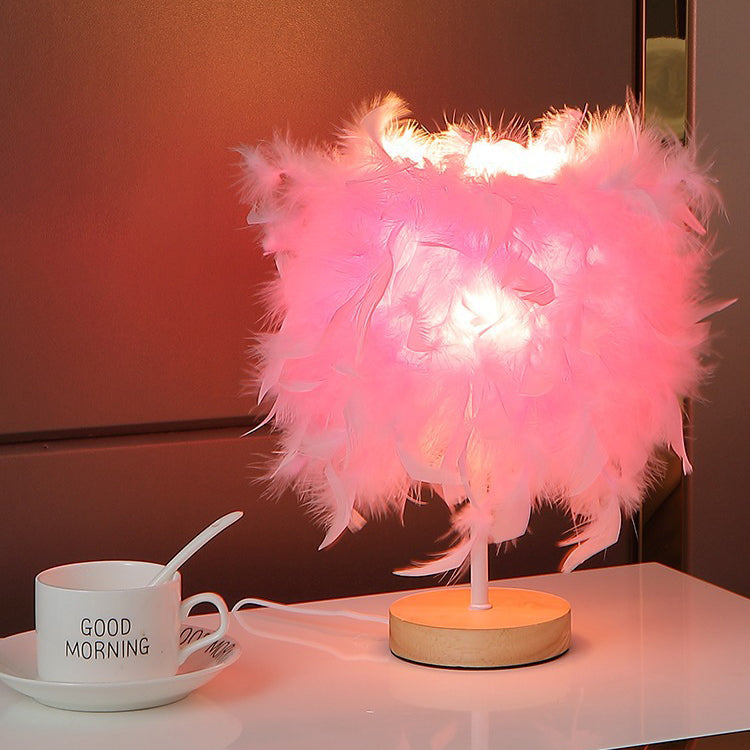 Lampe de table LED rechargeable USB avec base en bois et tissage de plumes Art Déco moderne pour chambre 