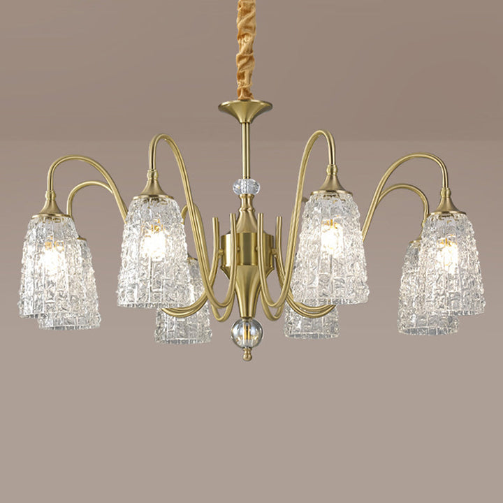 Chandelier traditionnel français à cadre entièrement en cuivre avec abat-jour en verre ondulé 5/6/8/10 lumières pour salon 