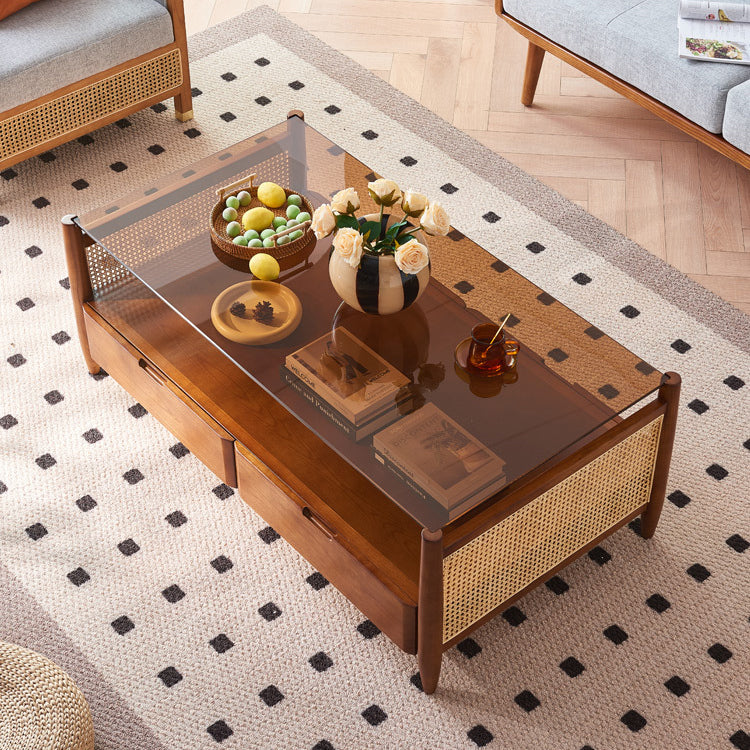 Traditioneller japanischer Weben Rechteckiger Couchtisch aus Eschenholz mit Glas und 4 Schubladen für das Wohnzimmer 