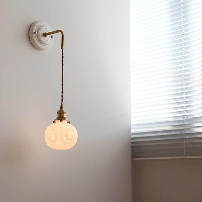 Modern Minimalist Round Glass Iron Ceramic Base 1-Light Wall Sconce Lamp For Living Room &amp; Bedroom