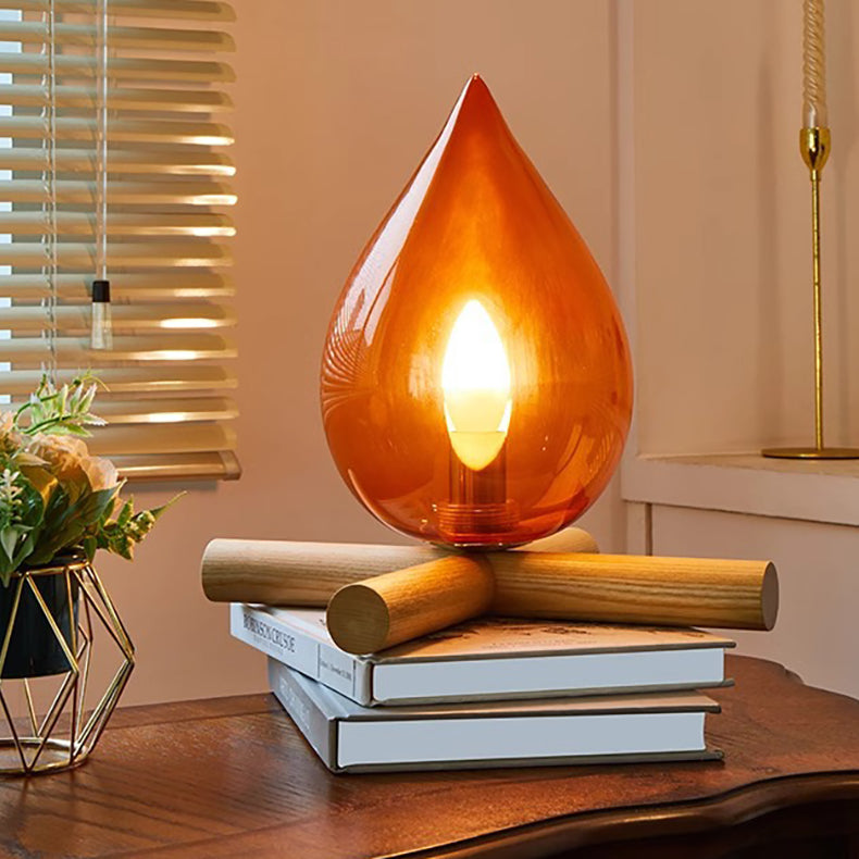 Lámpara de Mesa de 1 Luz de Madera Maciza con Vidrio y Llama Creativa Contemporánea para Dormitorio 