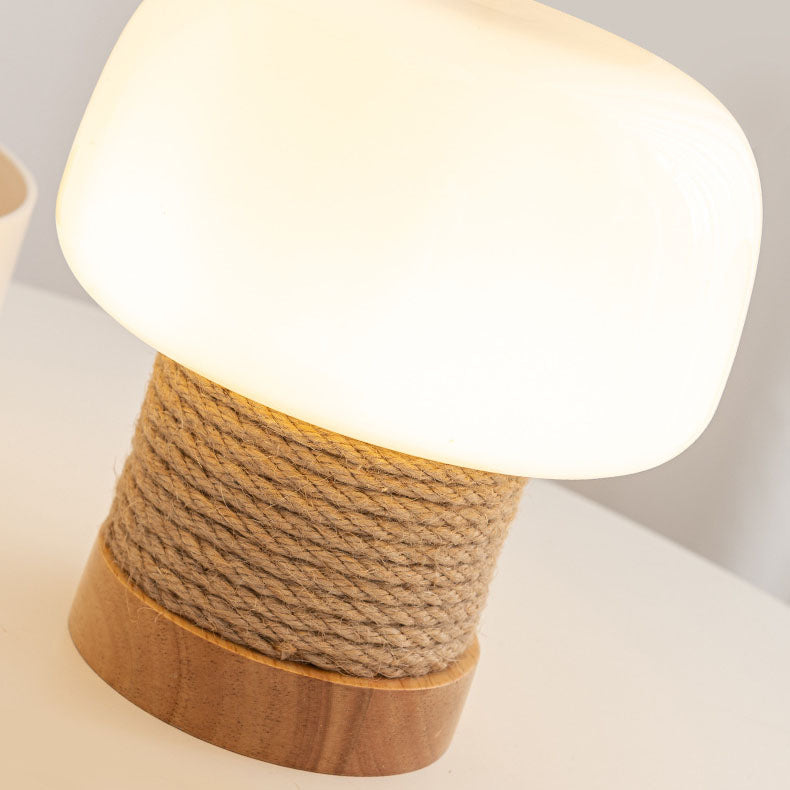 Lampe de table 1 lumière en verre avec pied en forme de cylindre minimaliste moderne et abat-jour en forme de champignon en chêne et ficelle pour chambre à coucher 