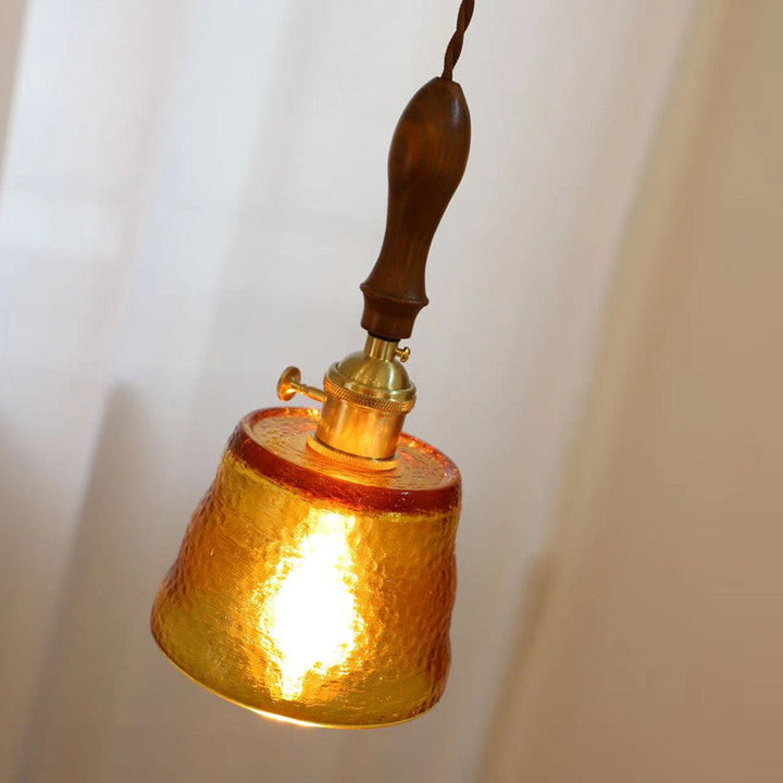 Lámpara colgante de 1 luz con pantalla de vidrio ondulado de nogal Art Deco moderno para sala de estar 