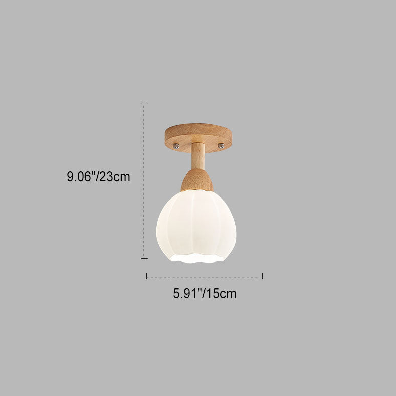 Traditional Japanese Spherical Glass Shape Wood Base1-Light Semi-Flush Mount Ceiling Light For Living Room