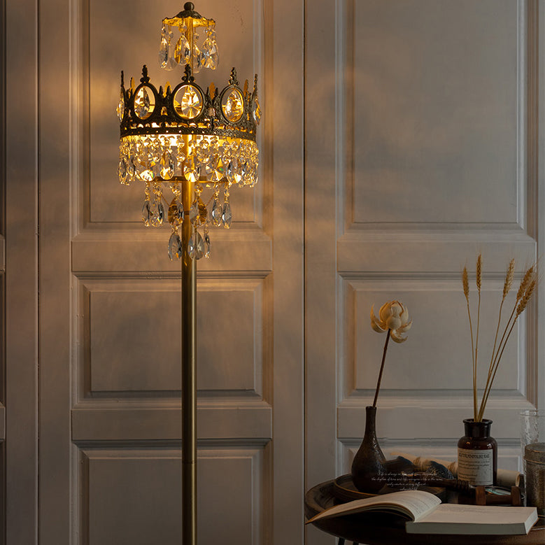 Traditionelle Luxus Kupfer Messing Kristall Krone Anhänger 3-Licht Stehlampe für Schlafzimmer 