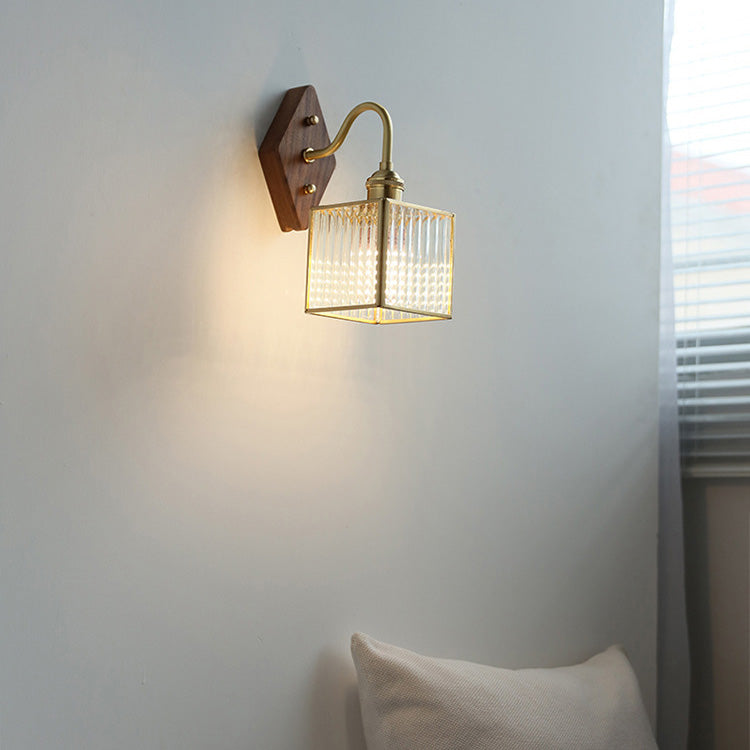 Applique Murale Traditionnelle Vintage Carrée en Verre de Cuivre et Bois à 1 Lumière pour Chambre 