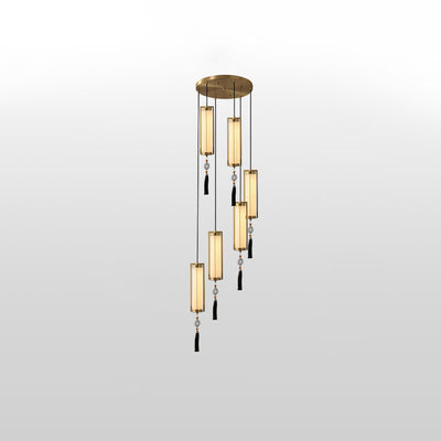 Traditional Chinese Copper Glass Cylinder Elliptical Hollow 1/3/6 Light Chandelier For Entryway
