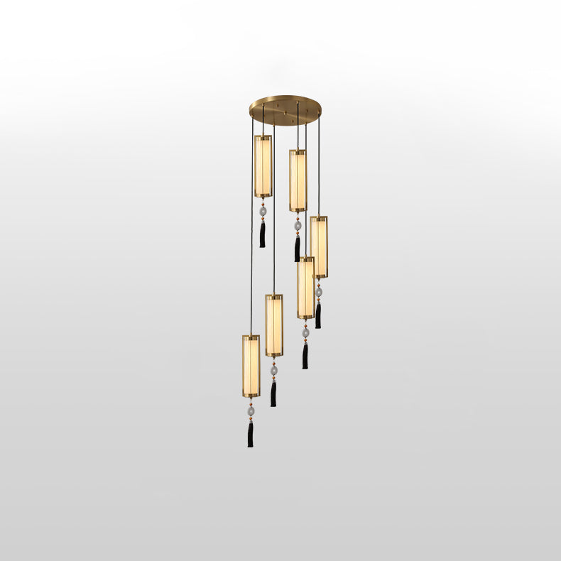 Traditional Chinese Copper Glass Cylinder Elliptical Hollow 1/3/6 Light Chandelier For Entryway