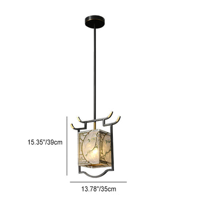 Lustre suspendu à 1 lumière en cuivre lucite émaillé quadrilatère chinois traditionnel pour salon 