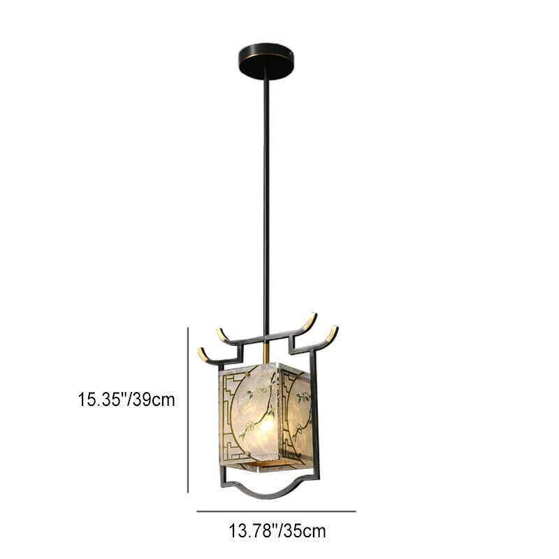 Lustre suspendu à 1 lumière en cuivre lucite émaillé quadrilatère chinois traditionnel pour salon 
