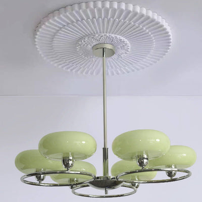 French Vintage Green Cream Glass Round Chrome Circle 6-Light Chandelier