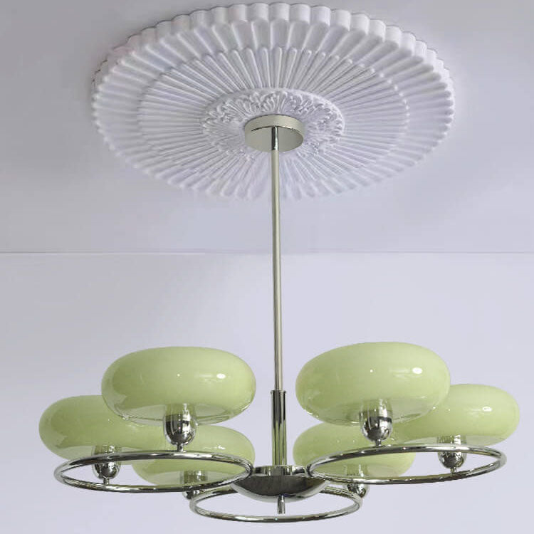 French Vintage Green Cream Glass Round Chrome Circle 6-Light Chandelier