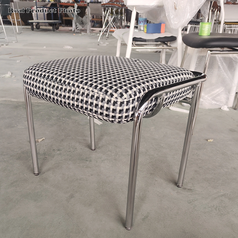 Contemporary Scandinavian Square Cotton Linen Upholstered Stainless Steel Frame Vanity Stool Backless For Bedroom