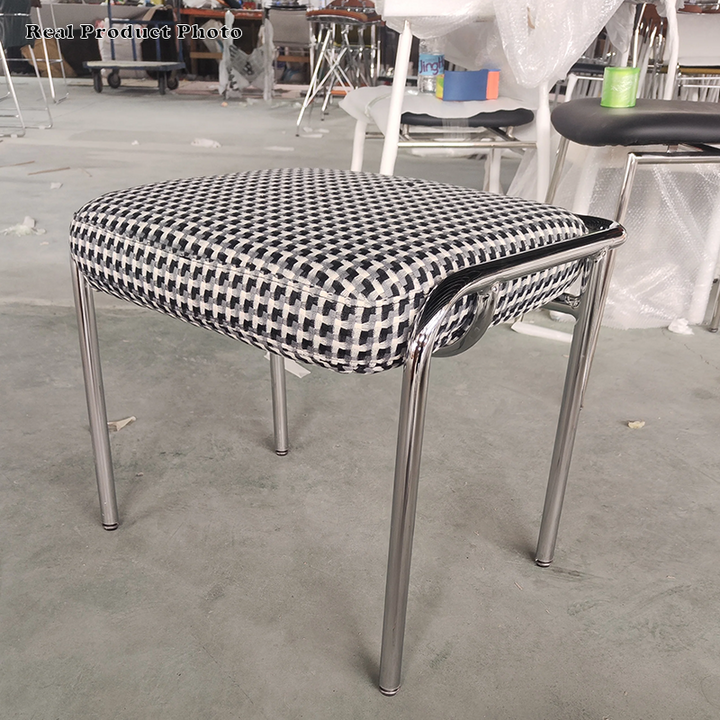 Contemporary Scandinavian Square Cotton Linen Upholstered Stainless Steel Frame Vanity Stool Backless For Bedroom
