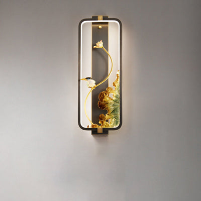 Traditional Chinese Lotus Enamel Copper Rectangular Frame LED Wall Sconce Lamp For Bedroom